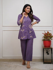 Women’s Lavender Embroidered Cotton Blend Kurti Pant Co-Ord Set