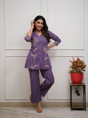 Women’s Lavender Embroidered Cotton Blend Kurti Pant Co-Ord Set