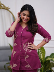 Women’s Purple Embroidered Cotton Blend Kurti Pant Co-Ord Set