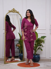 Women’s Purple Embroidered Cotton Blend Kurti Pant Co-Ord Set
