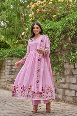Pink Floral Embroidered Anarkali Kurta Set with Dupatta