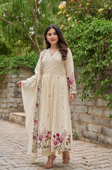 Cream Floral Embroidered Anarkali Kurta Set with Dupatta