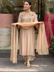 Elegant Beige Cotton Embroidered Kurta Set with Dupatta