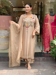 Elegant Beige Cotton Embroidered Kurta Set with Dupatta