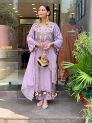 Elegant Lavender Cotton Embroidered Kurta Set with Dupatta