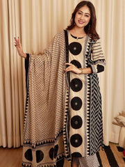 Beige & Black Printed Kurta Set with Dupatta for Women