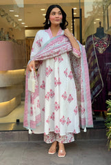 Blush Floral Printed Anarkali Suit Set with Dupatta