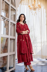 Crimson Embroidered Anarkali Suit Set with Dupatta