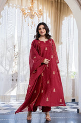 Crimson Embroidered Anarkali Suit Set with Dupatta