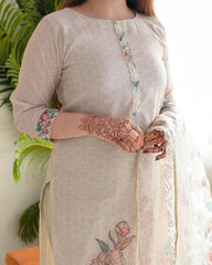 Elegant Floral Printed Cotton Suit Set with Sheer Dupatta