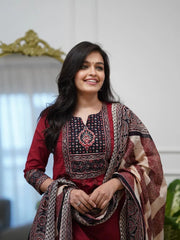 Elegant Wine Red Embroidered Kurta Set with Printed Dupatta