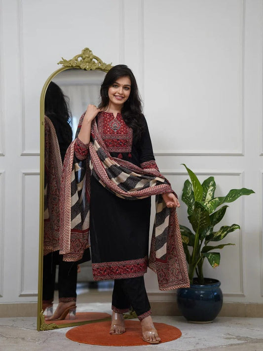 Elegant Black Embroidered Kurta Set with Printed Dupatta