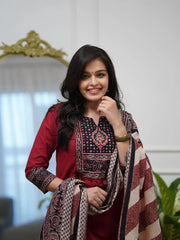 Elegant Wine Red Embroidered Kurta Set with Printed Dupatta