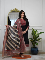 Elegant Black Embroidered Kurta Set with Printed Dupatta