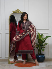 Elegant Wine Red Embroidered Kurta Set with Printed Dupatta