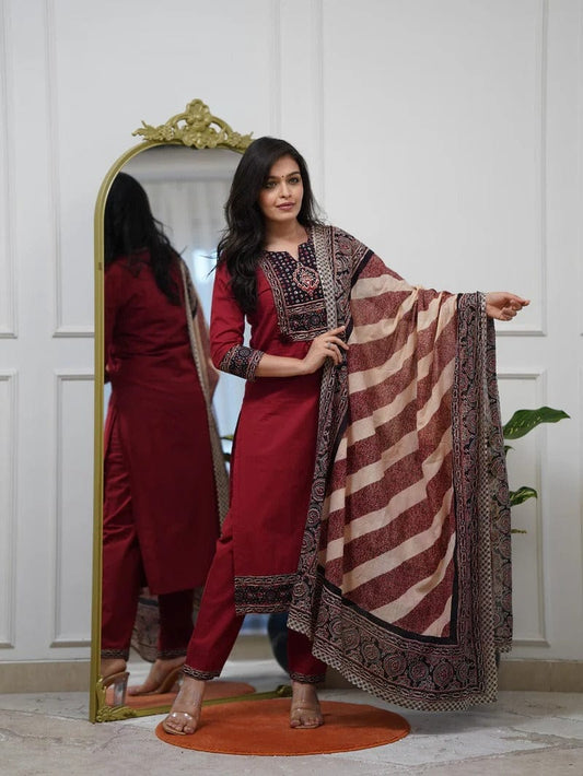 Elegant Wine Red Embroidered Kurta Set with Printed Dupatta