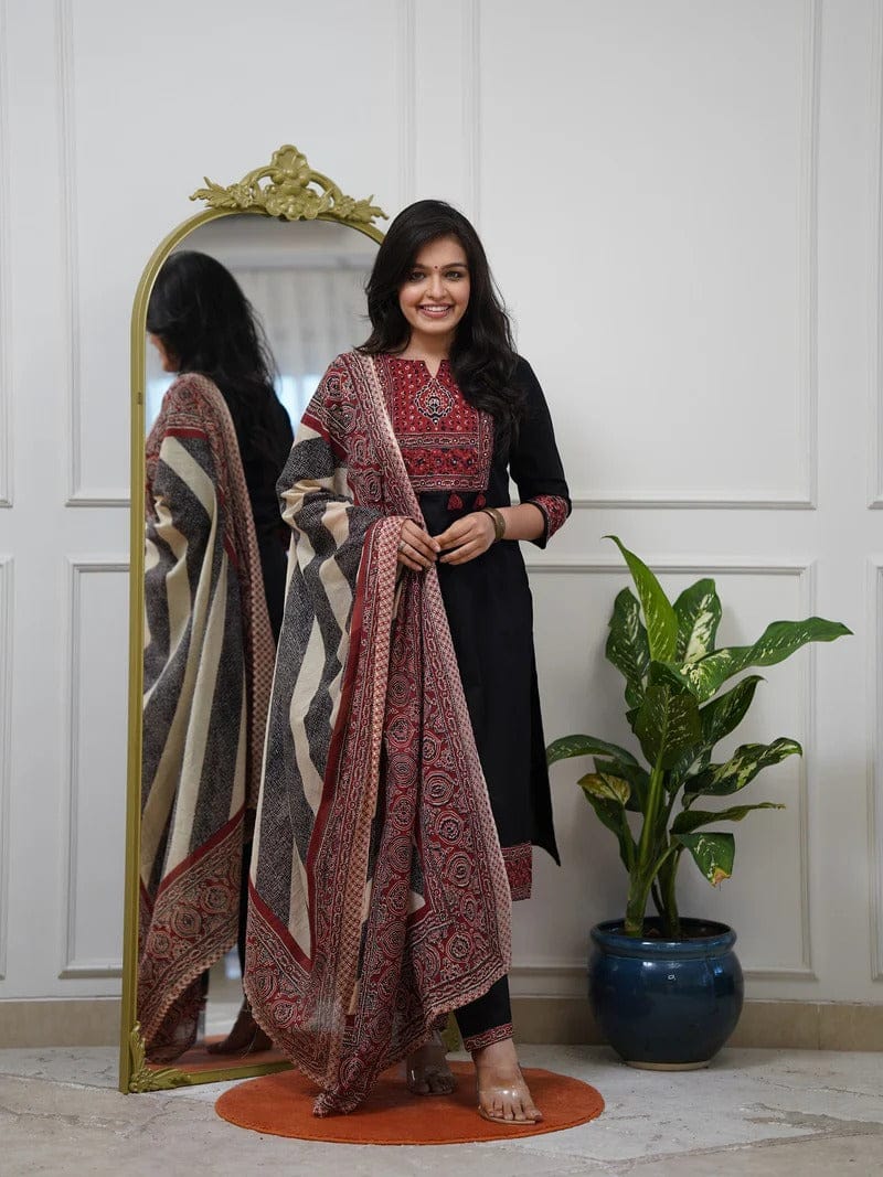 Elegant Black Embroidered Kurta Set with Printed Dupatta