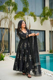 Black Ethnic Printed Anarkali Kurta Set with Dupatta for Women