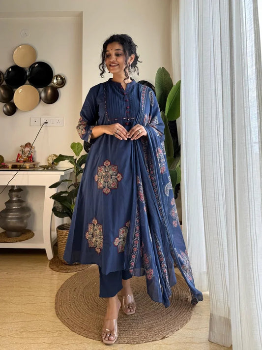 Elegant Navy Blue Printed Anarkali Kurta Set with Dupatta for Women