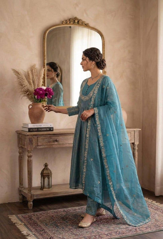 Sky Embroidered Anarkali Suit Set with Dupatta