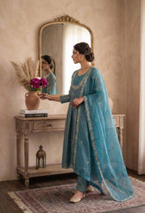 Sky Embroidered Anarkali Suit Set with Dupatta