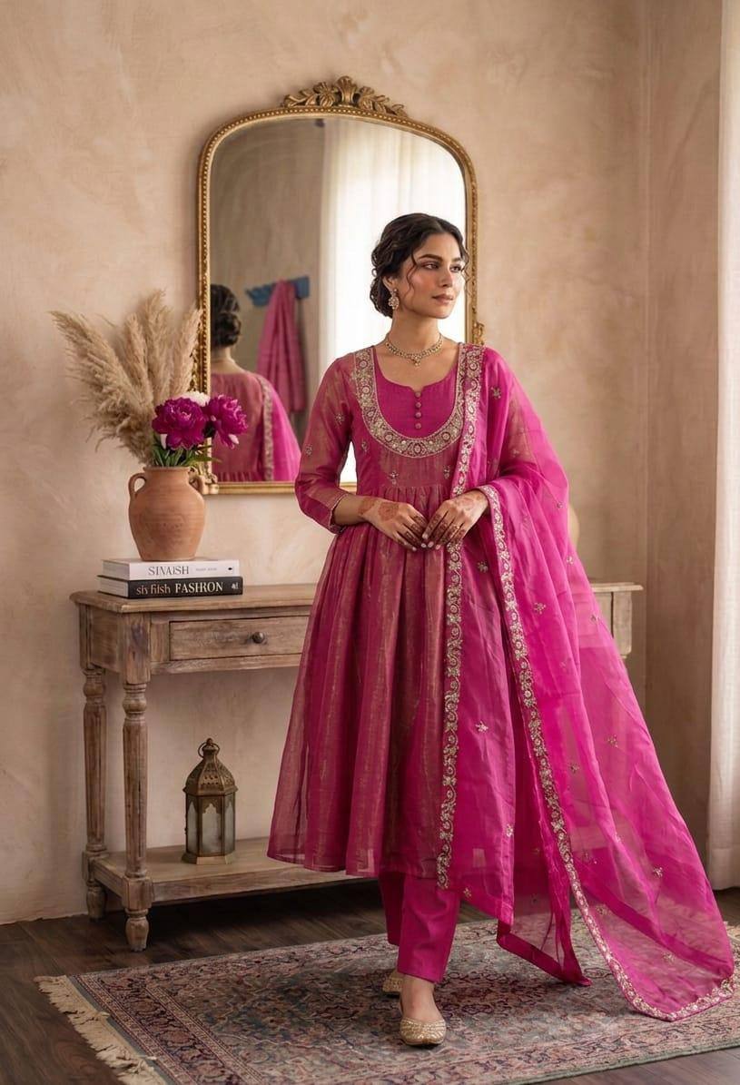 Pink Embroidered Anarkali Suit Set with Dupatta
