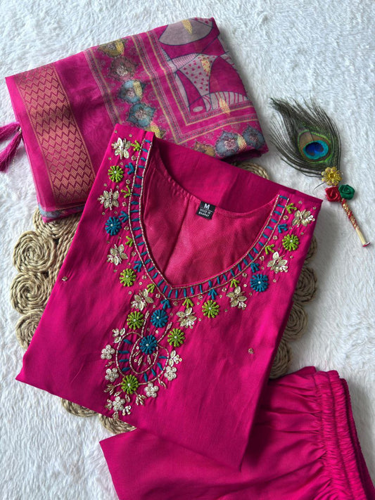 New Beautiful Hand Work Designers Kurta Pent Dupatta Set
