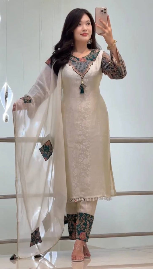 Elegant Ivory Embroidered Kurta Set with Designer Dupatta