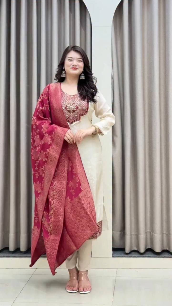 Elegant Ivory Embroidered Kurta Set with Designer Dupatta