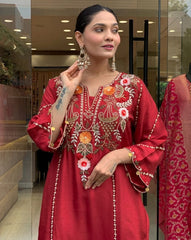 Elegant Maroon Cotton Embroidered Kurta Set with Dupatta