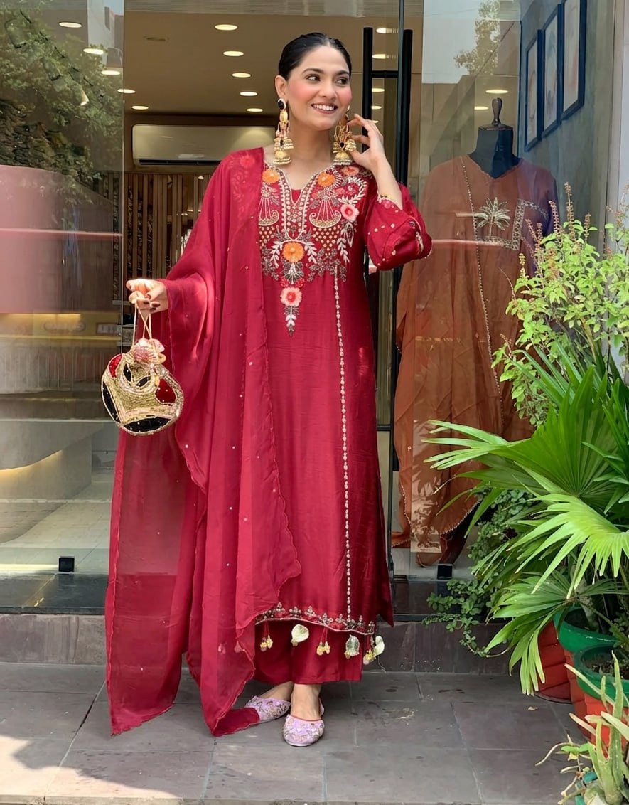 Elegant Maroon Cotton Embroidered Kurta Set with Dupatta