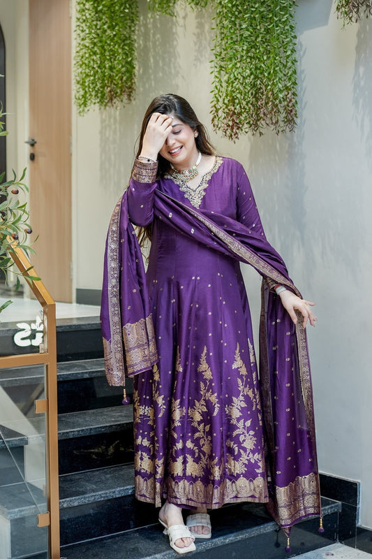 Purple Pure Cotton Silk Suit Set