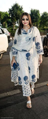 Blue Block Printed Side gather kurta with palazzo and printed dupatta