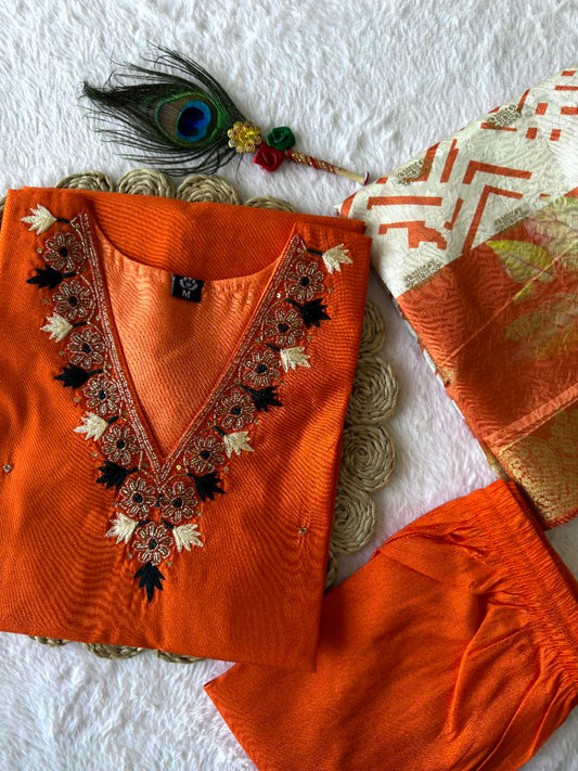 New Beautiful Hand Work Designers Kurta Pent Dupatta Set